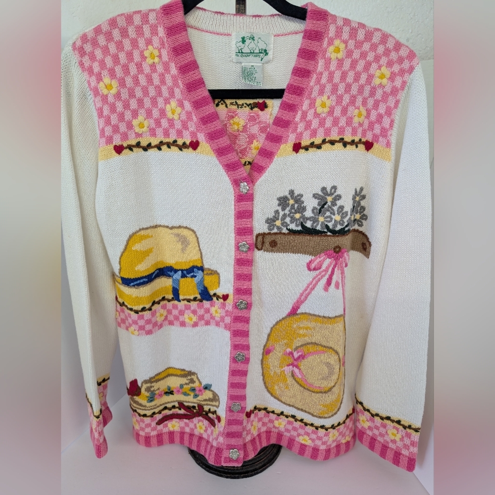 VINTAGE Pink White Spring Flower Button Cottagecore Garden Sweater M